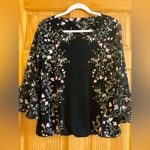 Alfani flowered blouson blouse with sheer sleeves